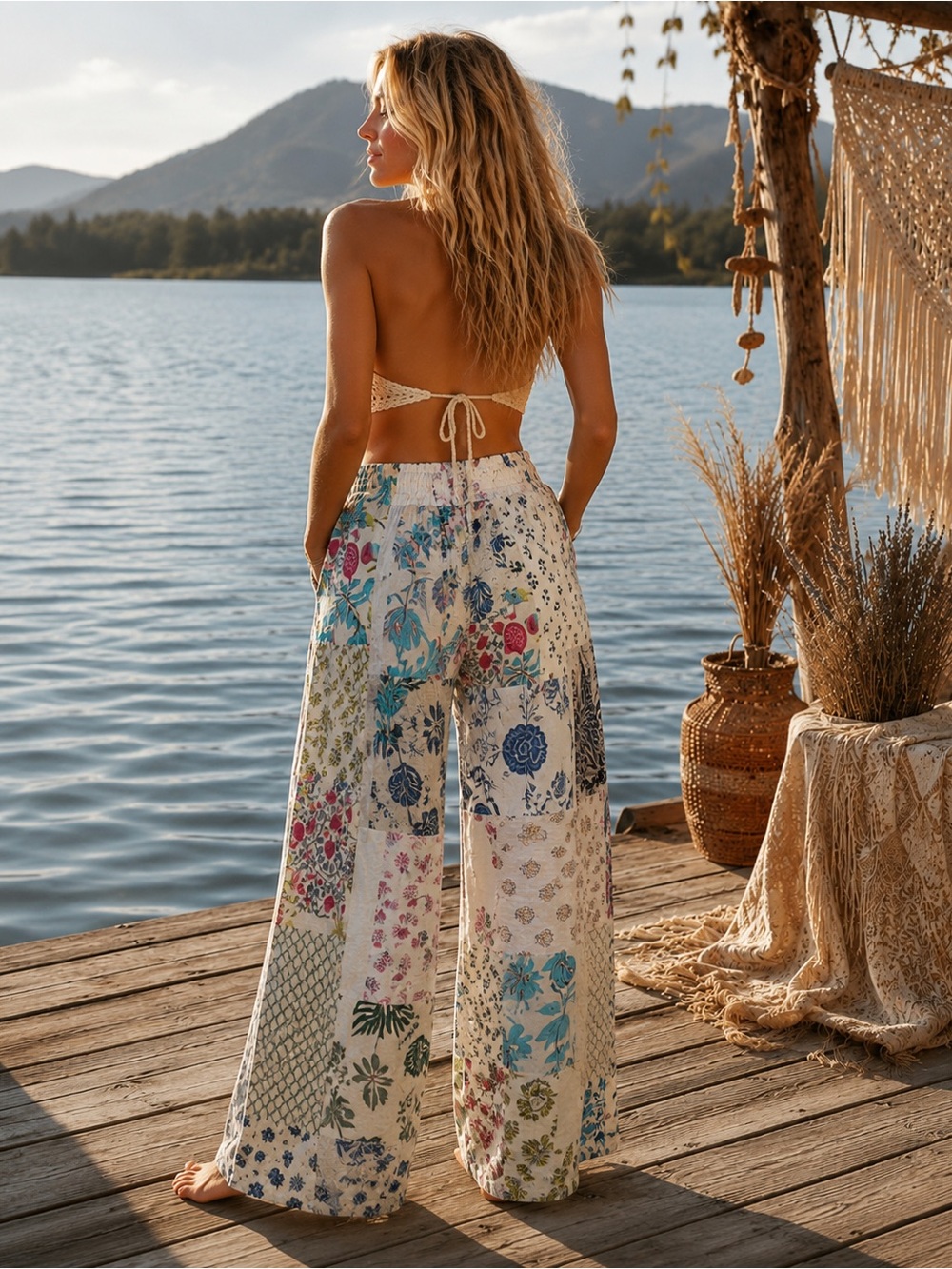 POL OS Patchwork Floral Wide-Leg Cotton Pants - Picture 2 of 7